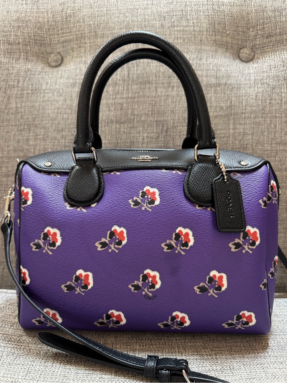 Coach NWT Mini Bennett Bramble Rose Floral Purple Black Satchel Crossbody Bag